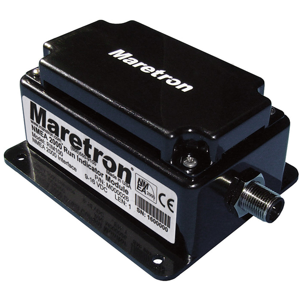Maretron RIM100 Run Indicator Module for NMEA sensors, shown with connected cables and sensor ports on the marine electronics device.