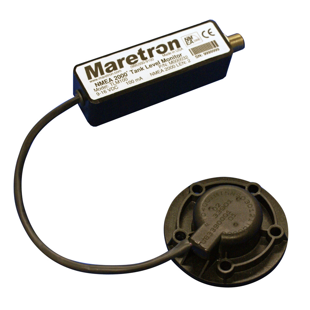 Maretron TLM100 tank level monitor sensor for NMEA systems, showing a compact device with wiring connections for boat fuel and water tanks