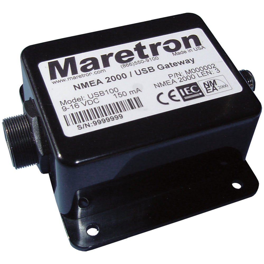Maretron USB100 NMEA 2000 USB Gateway connected to NMEA cables, used for marine electronics data integration and communication.