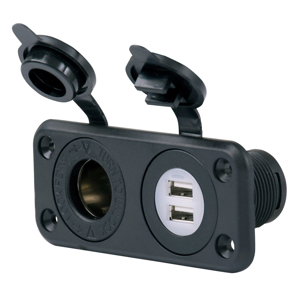 Marinco SeaLink Deluxe dual USB charger and 12V receptacle accessory for marine boats and vessels.