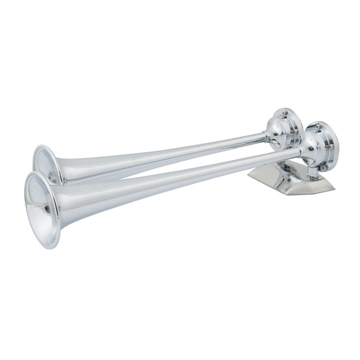 Marinco 12V chrome plated dual trumpet air horn with polished metal finish for automotive or marine use.