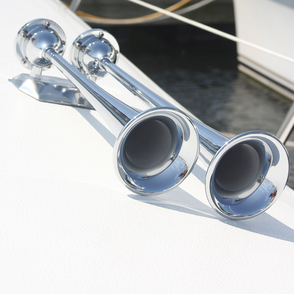 Marinco 12V chrome-plated dual trumpet air horn with polished finish, designed for vehicle safety and loud sound.