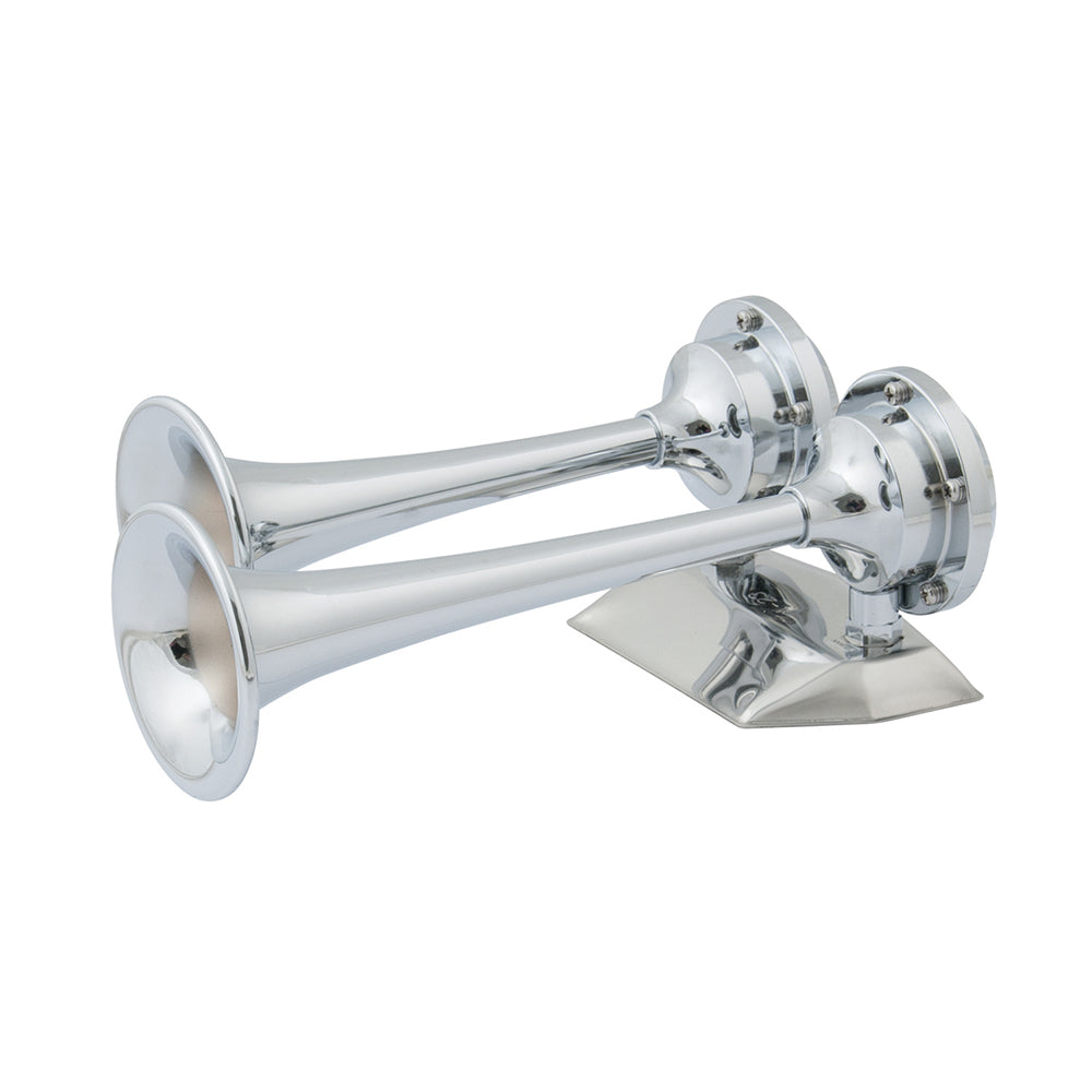 Marinco 12V chrome-plated dual trumpet mini air horn with metal finish and compact design, mounted on a vehicle.