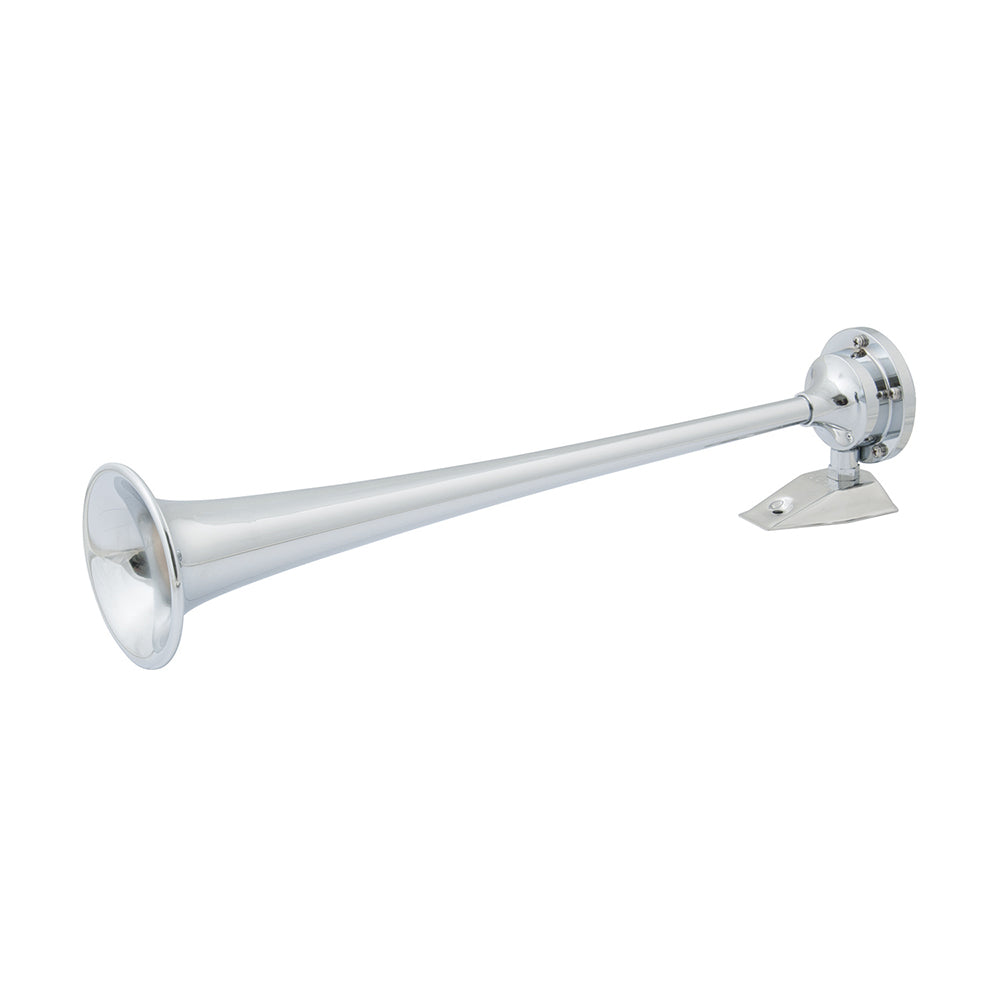 Marinco 12V chrome-plated single trumpet air horn with sleek metallic finish, designed for vehicle alert and signaling.