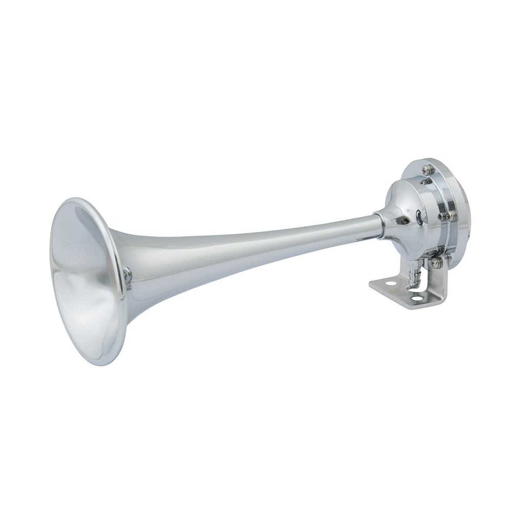 Marinco 12V chrome plated single trumpet mini air horn with compact design for vehicle alert and signaling.