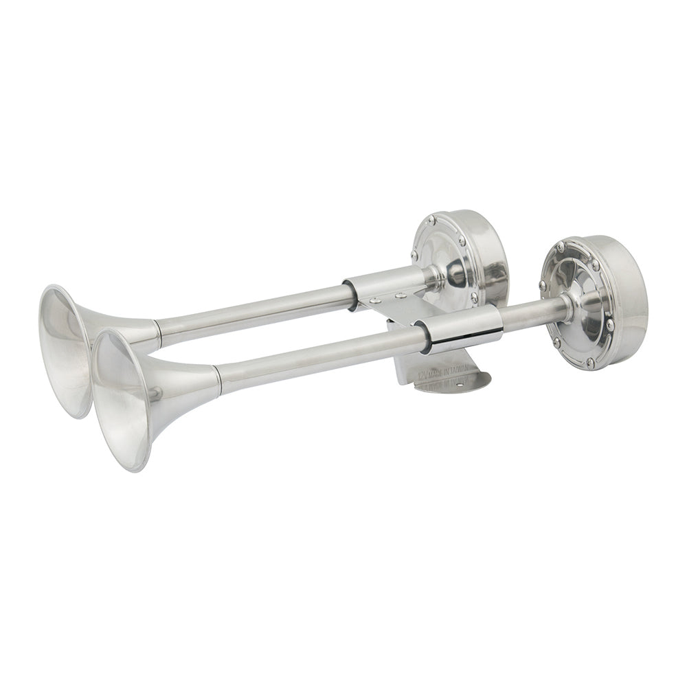 Marinco 12V compact dual trumpet electric horn with chrome finish and mounting bracket, designed for automotive use.