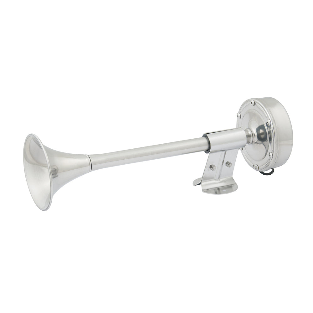 Marinco 12V Compact Single Trumpet Electric Horn mounted on a vehicle, showcasing its black plastic housing and trumpet design.