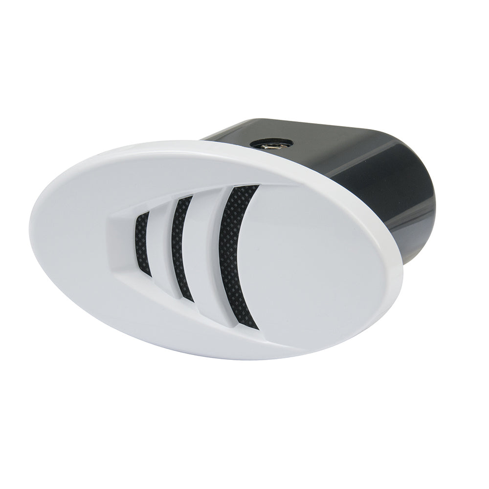 Marinco 12V Drop-In "H" Horn with black and white grills, marine horn for boats, mounted on a boat surface.