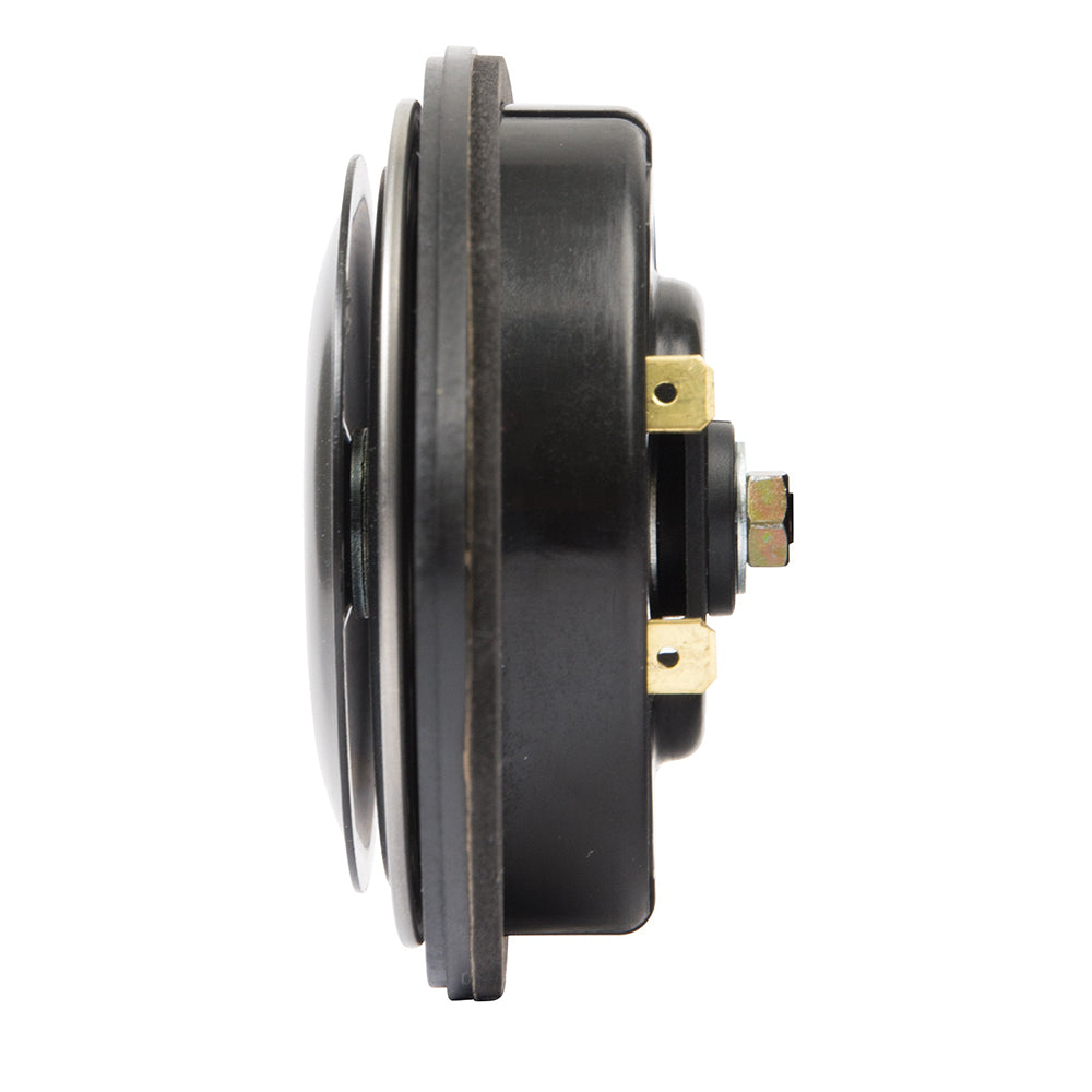 Marinco 12V drop-in low profile horn with black and white grills, compact marine horn for boat audio alert system