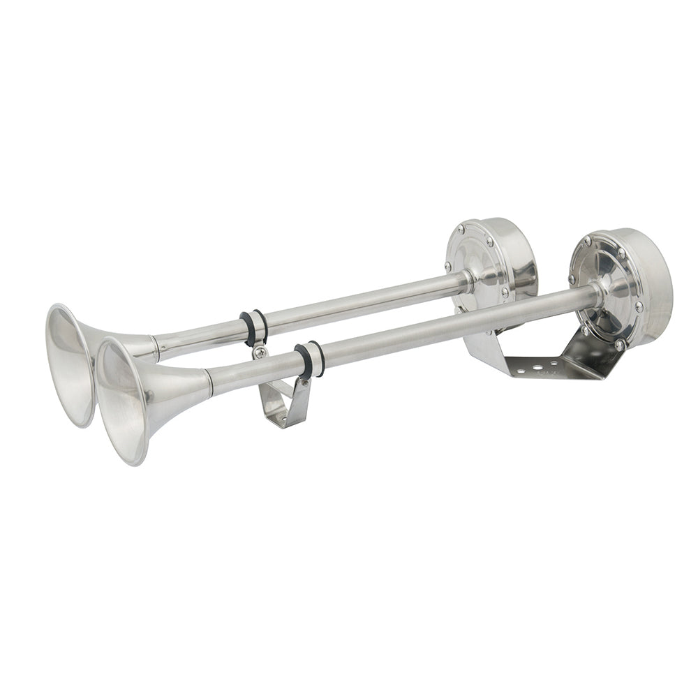 Marinco 12V dual trumpet electric horn with metal mounting bracket, black plastic casing, and twin trumpet design for vehicles.