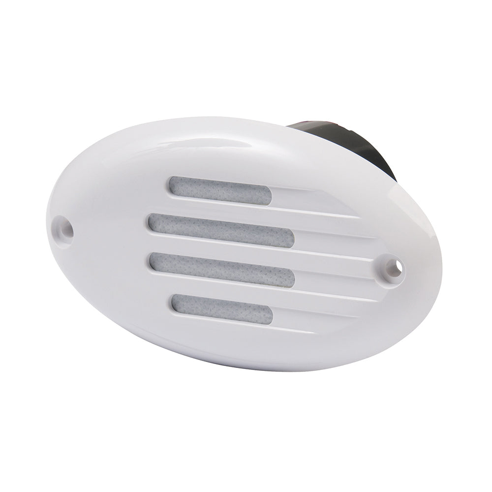 Marinco 12V electronic horn with white grill, marine-grade horn for boats, featuring a durable design and clear sound.