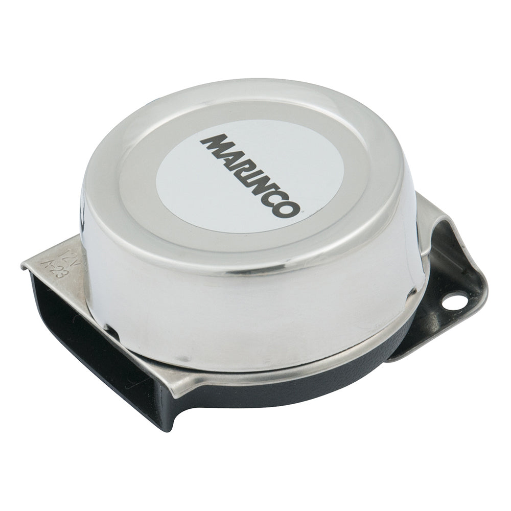 Marinco 12V Mini Compact Electric Horn mounted on a vehicle, showcasing its small size and black plastic housing.