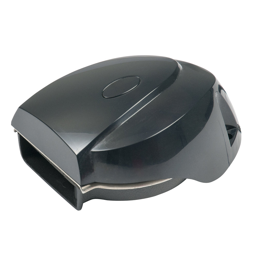 Marinco 12V MiniBlast compact single horn with black cover, marine horn for boats or vehicles, rugged and weather-resistant design.