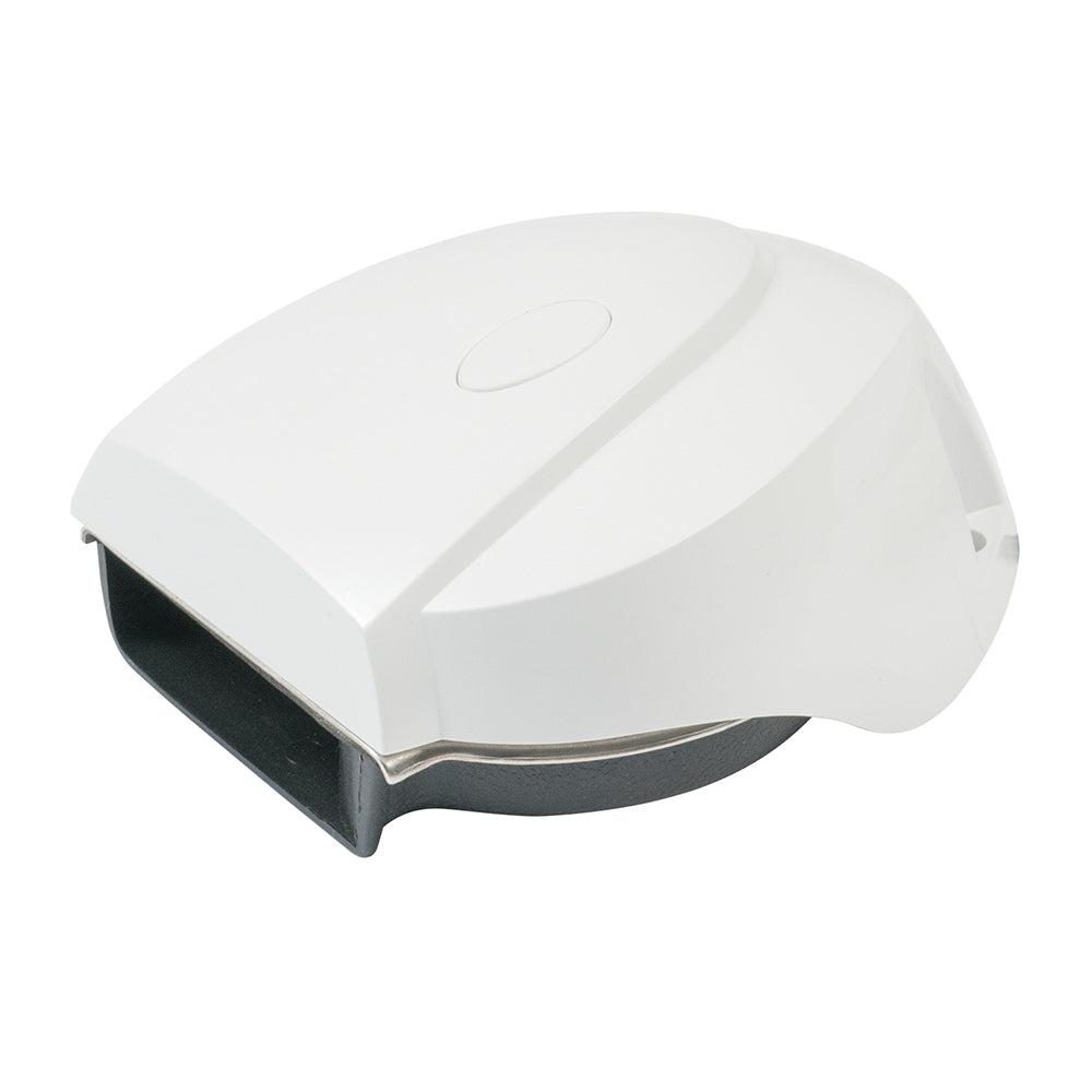 Marinco 12V MiniBlast compact single horn with white cover, marine horn designed for boat safety and signaling.