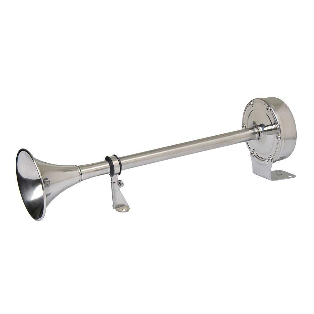 Marinco 12V single trumpet electric horn with metal mounting bracket and wire connections, designed for vehicle use.