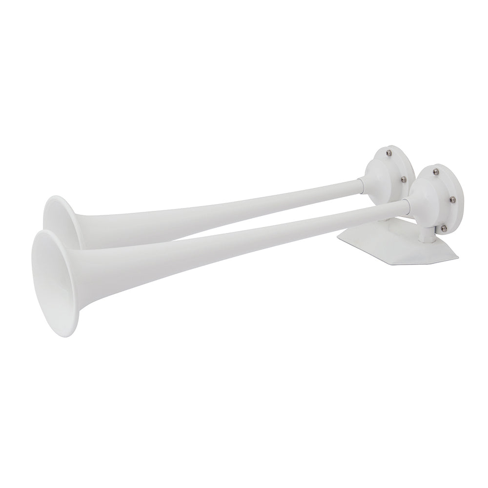 Marinco 12V white epoxy-coated dual trumpet air horn for vehicles, with a sleek finish and durable construction.