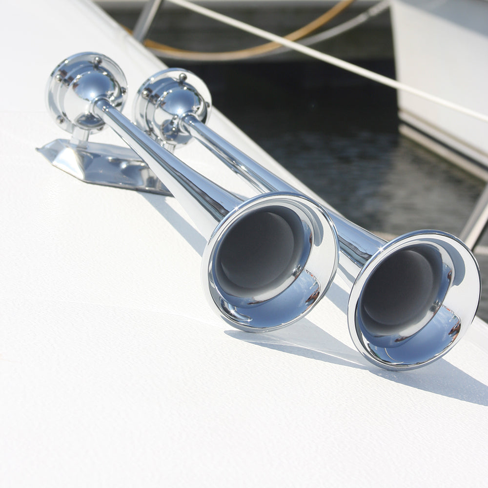 Marinco 24V chrome plated dual trumpet air horn with polished finish, designed for vehicle warning and signaling systems.