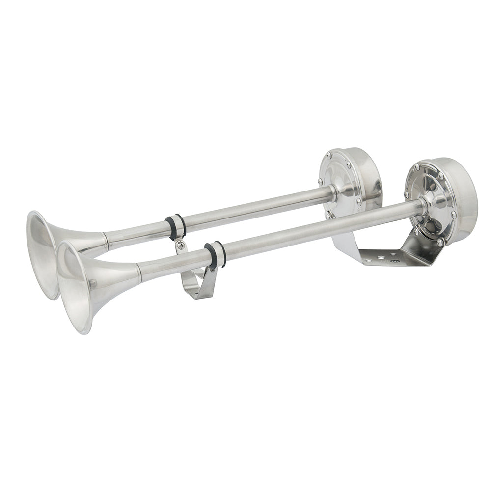 Marinco 24V dual trumpet electric horn, compact marine horn with two-tone sound, mounted on a boat.