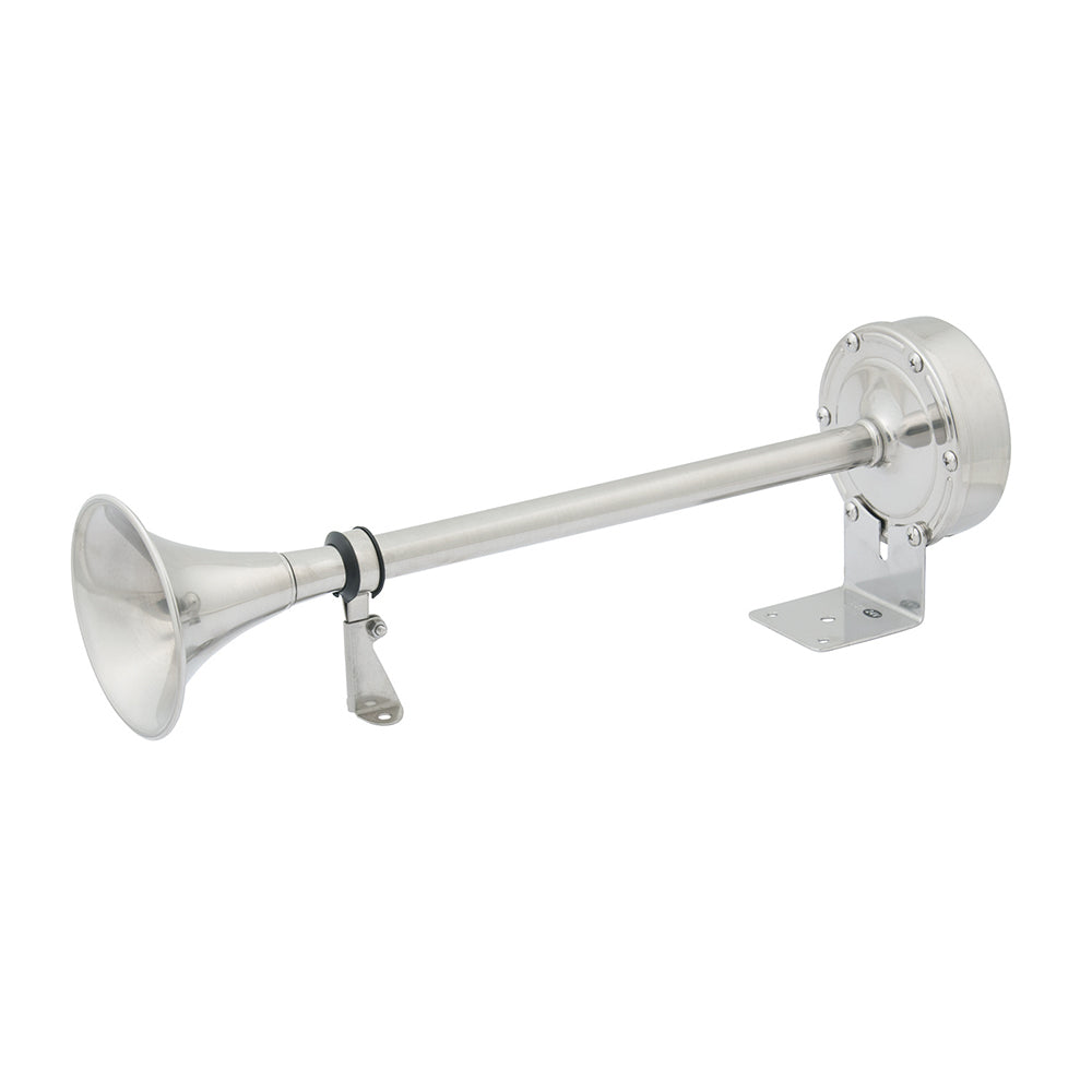 Marinco 24V single trumpet electric horn, marine vessel horn with black casing and mounting bracket, designed for nautical use.