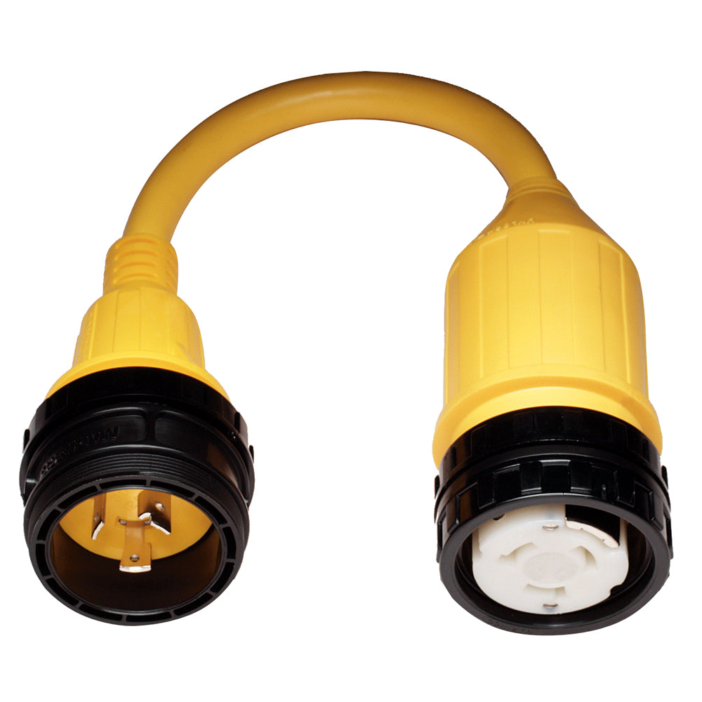 Marinco 117A Pigtail Adapter for Shore Power, 50A Female to 30A Male connector, used for marine electrical connections.