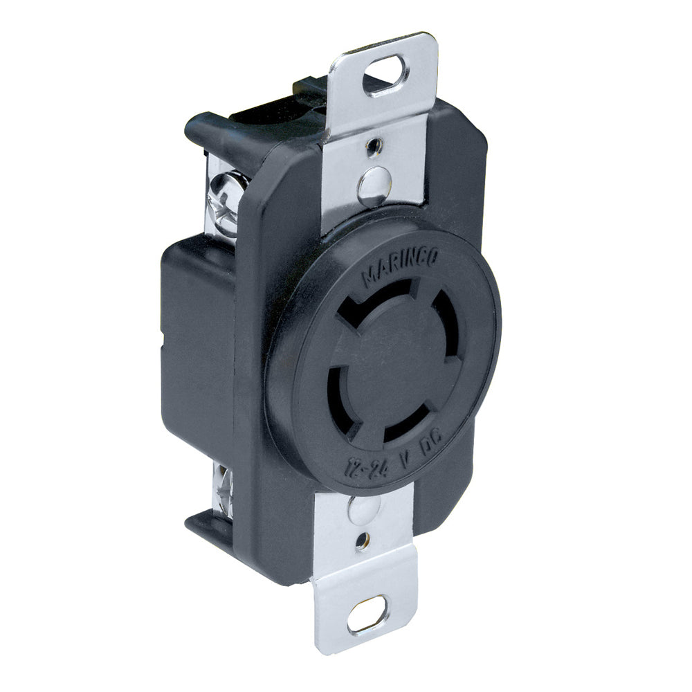 Marinco 2018BR 12/24V shore power receptacle, marine-grade electrical connector for boat power supply, black plastic housing.