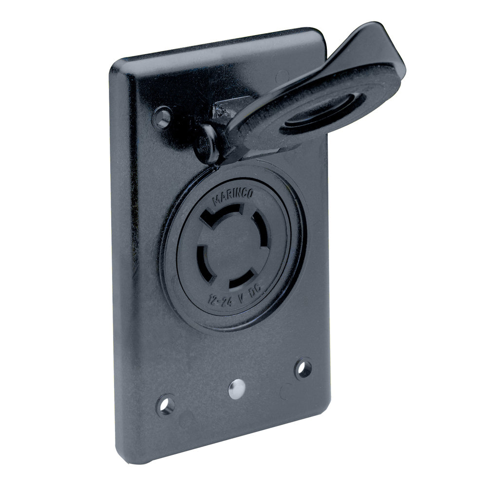 Marine shore power receptacle by Marinco with flip lid, suitable for 12/24V electrical connections on boats.
