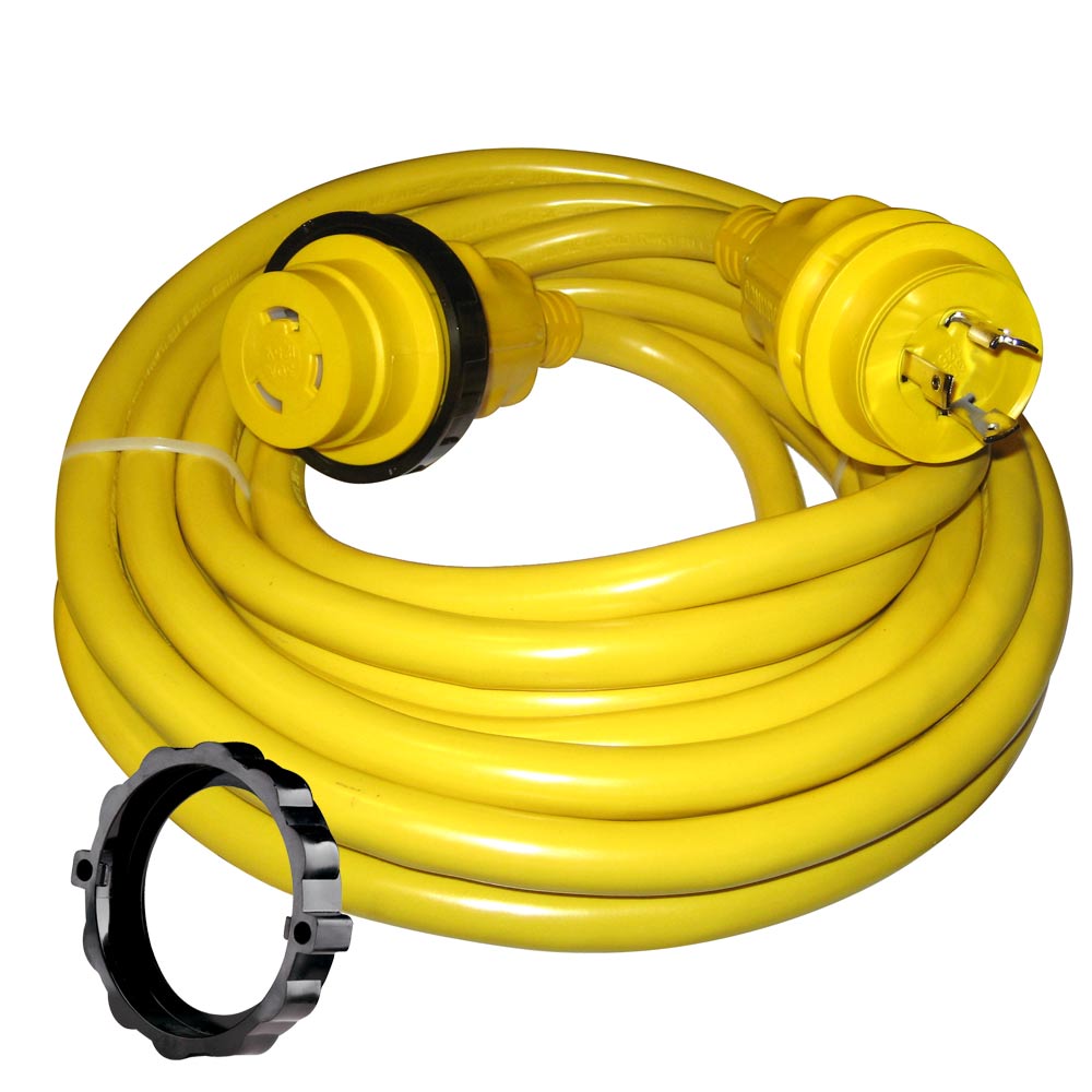 Marinco 30 Amp yellow shore power cord set, 35-foot length, for boat or RV electrical connection.