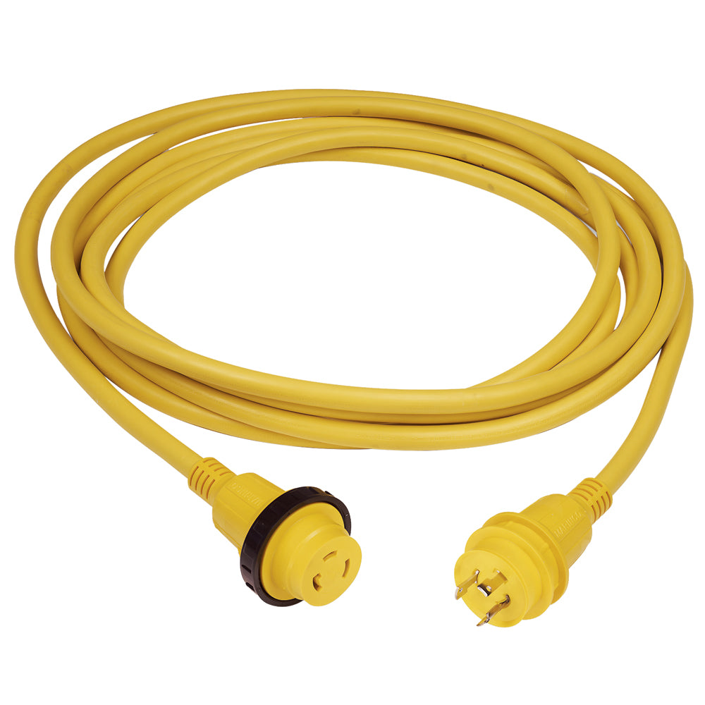 Marinco 30 Amp shore power cordset with Power-On LED, yellow, 50ft marine electrical power cable for boats