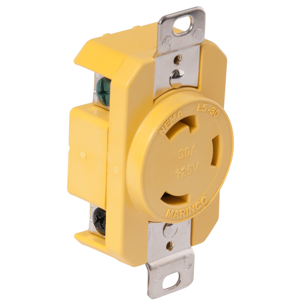 Marinco 305CRR 30A yellow shore power receptacle for 125V applications, outdoor marine electrical connection.