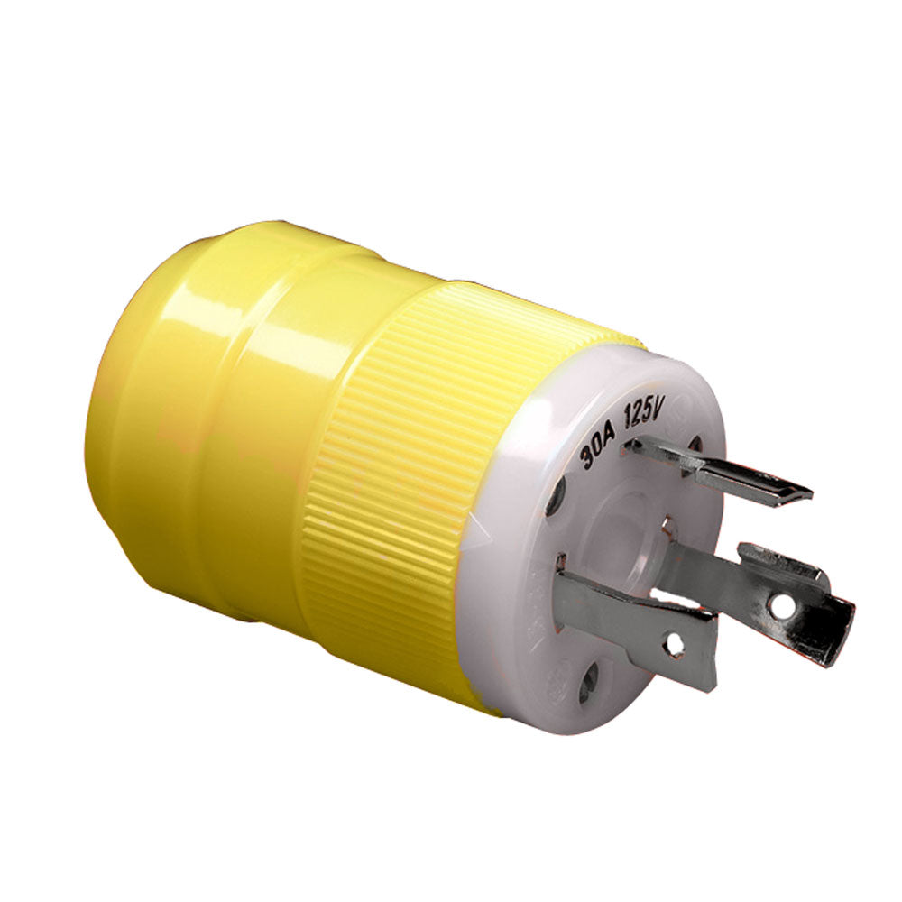 Marinco 30A 125V male shore power plug showing durable waterproof connector for marine electrical systems.