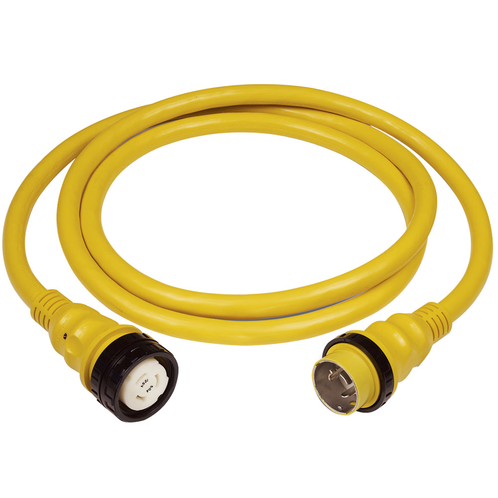 Yellow Marinco 50Amp 125/250V shore power cable, 50-foot length, with durable connectors and heavy-duty marine electrical design.