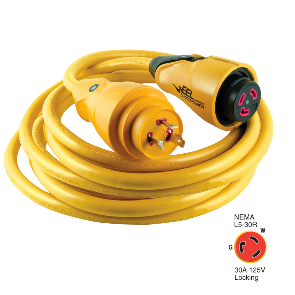 Marinco CS30-25 EEL 30A 125V shore power cordset in yellow, 25 feet long, with durable marine-grade connectors and weather-resistant design.