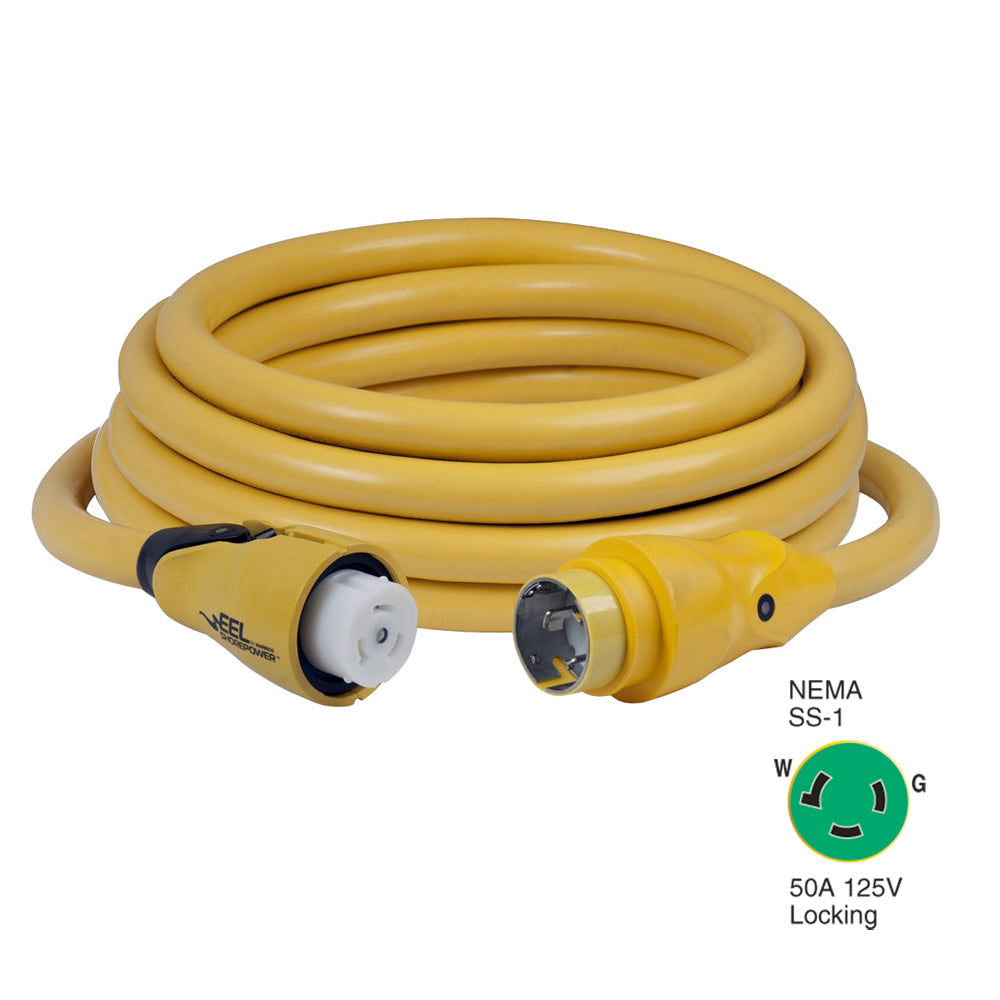 Yellow Marinco CS503-25 EEL 50A 125V shore power cordset, 25-foot marine electrical cable with durable yellow insulation.