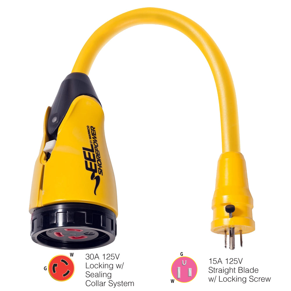 Marinco P15-30 EEL shore power pigtail adapter yellow, 30A-125V female to 15A-125V male connector for marine use.