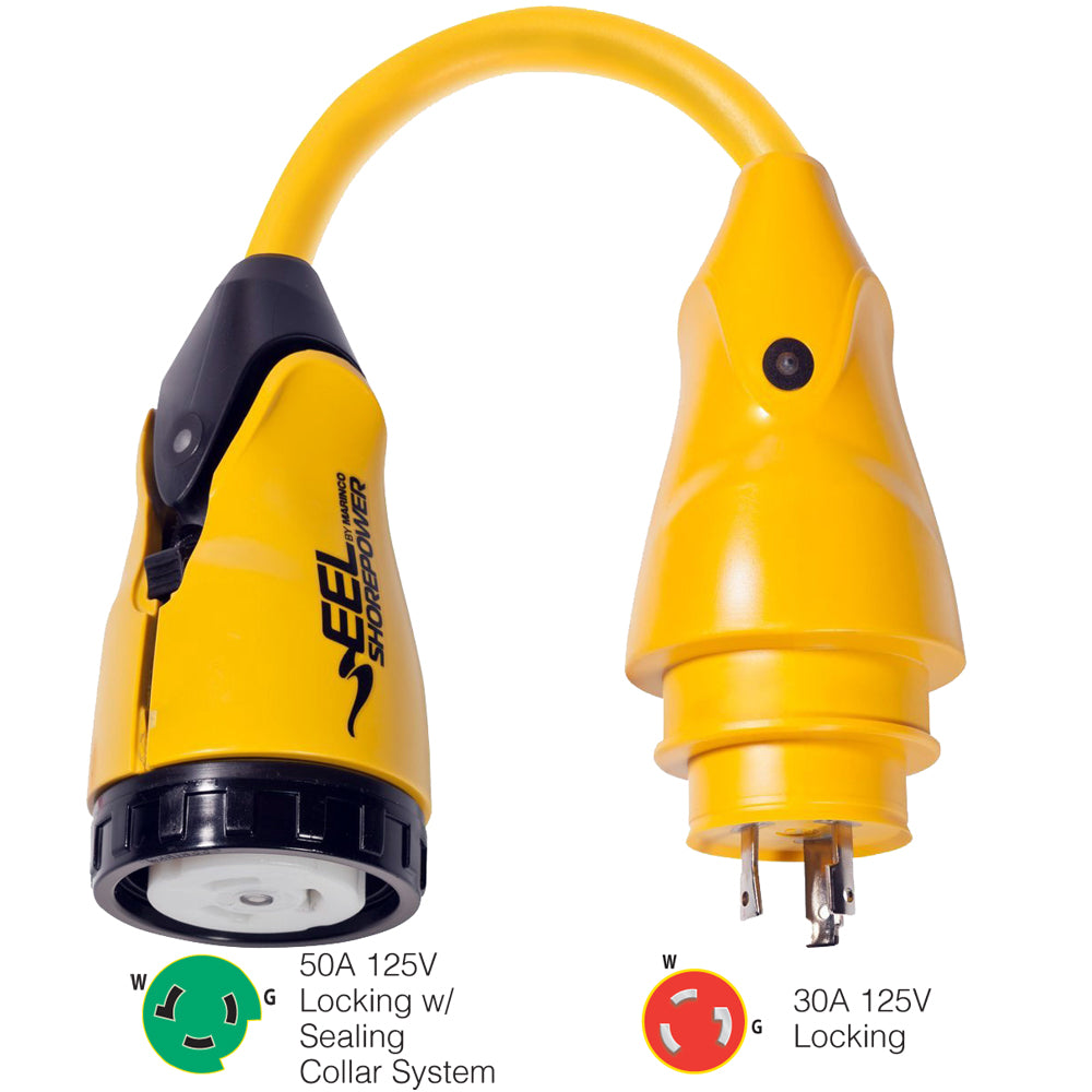 Marinco P30-503 EEL shore power adapter, yellow 50A female to 30A male pigtail connector for marine electrical systems