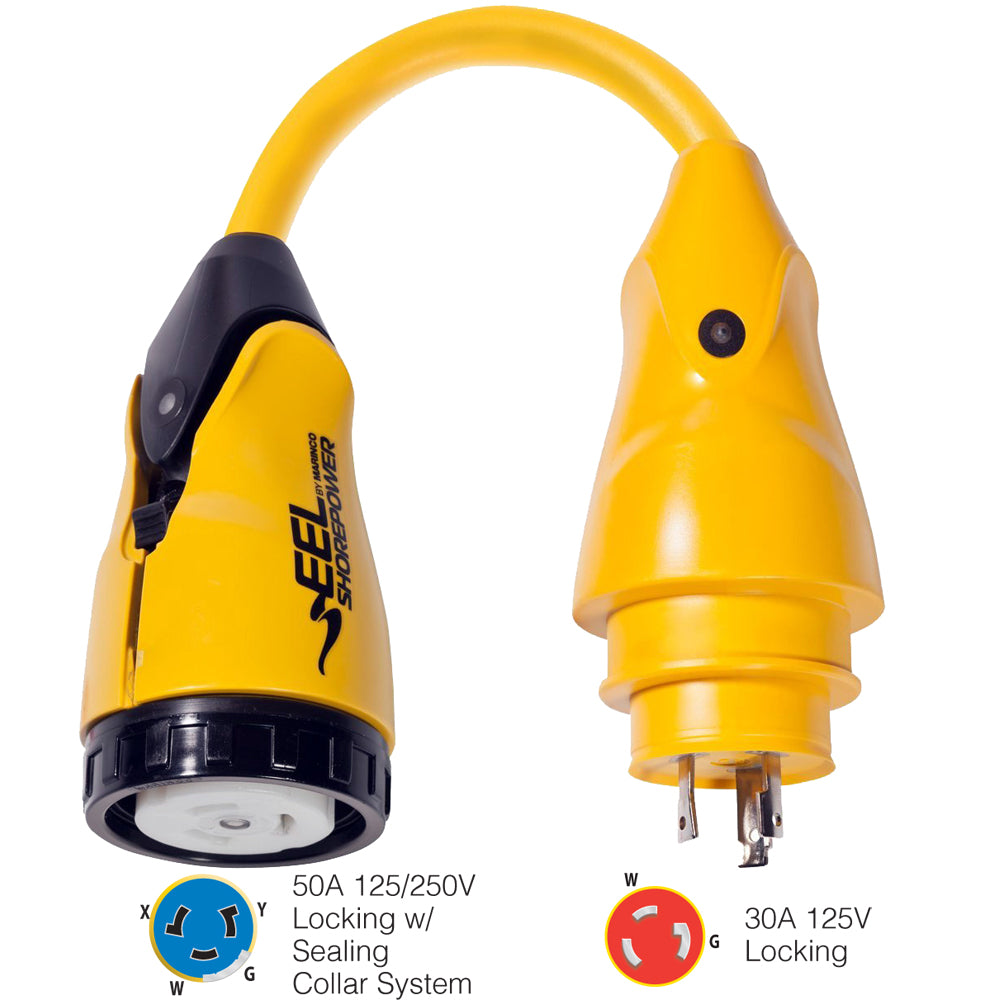 Yellow Marinco Shore Power Pigtail Adapter, 50A Female to 30A Male, for 125/250V marine electrical connections.
