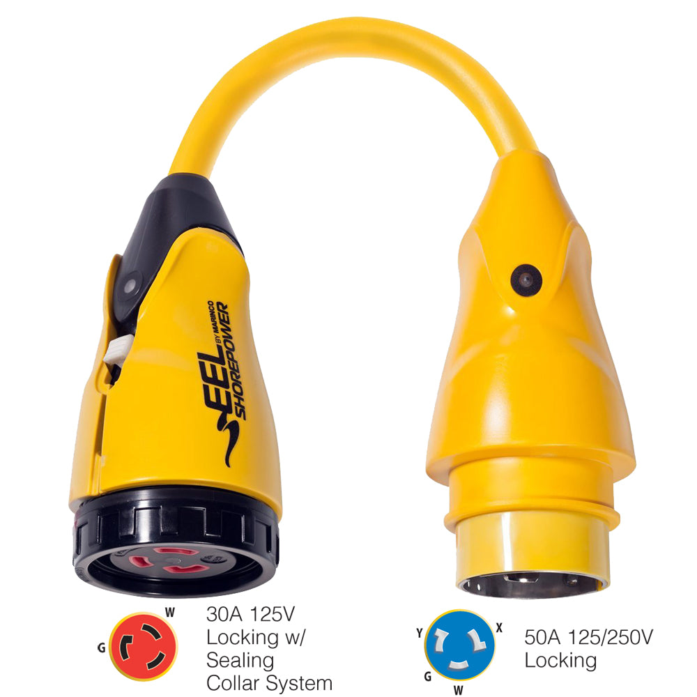 Yellow Marinco P504-30 EEL shore power adapter connecting 30A-125V female to 50A-125/250V male power outlet.