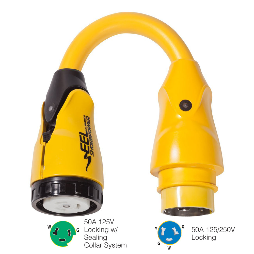 Yellow Marinco P504-503 EEL shore power adapter connecting 50A 125V female to 50A 125/250V male pigtail for marine use