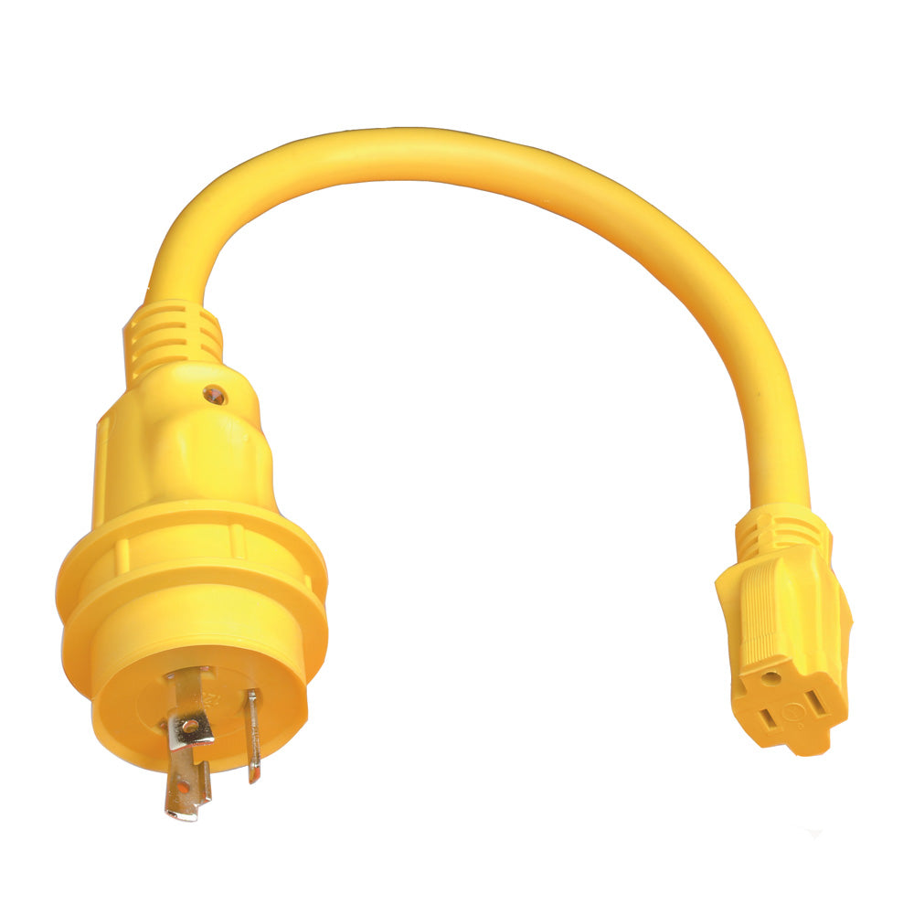 Marinco shore power pigtail adapter with 15A female and 30A male connectors for marine electrical connections.