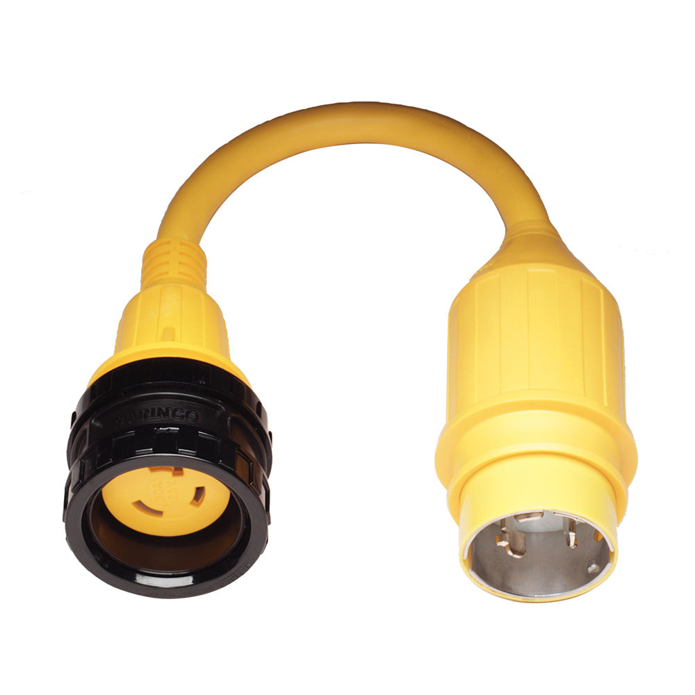 Marinco shore power pigtail adapter with 30A locking to 50A locking connectors for marine electrical hookups.