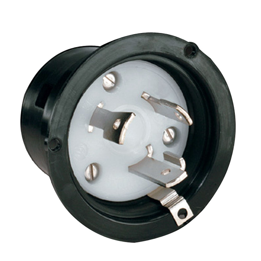 Marinco Replacement Interior 303 Shore Power Inlet for marine electrical connections, with a white plastic exterior and secure fitting.