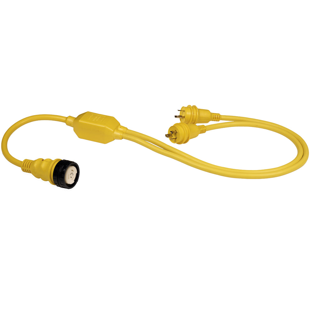 Marinco shore power cable with 50A female connector and two 30A male connectors, reverse Y configuration for marine electrical setups.
