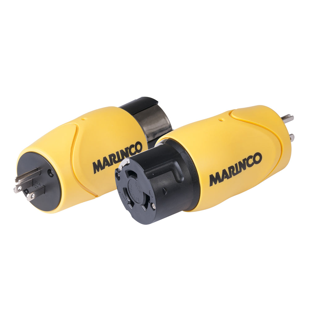 Marinco shore power straight adapter with 15A male straight blade to 50A 125/250V female locking connector for marine use