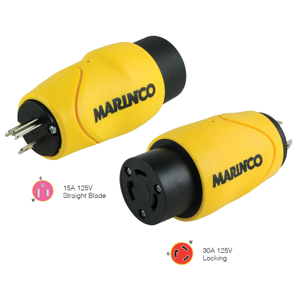 Marinco Shore Power Straight Adapter 15Amp male to 30Amp locking female connector for marine electrical connections.