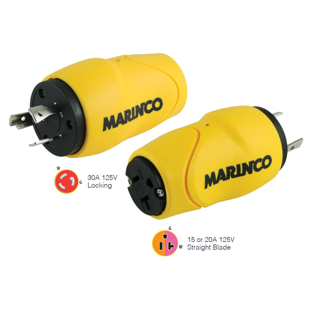 Marinco straight shore power adapter with 30A male and 15A female connectors for boat electrical systems.