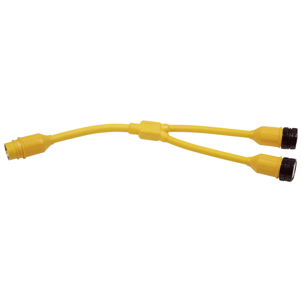 Marinco Y-Adapter shore power connector, 2-30A 125V locking to 50A 125/250V locking for boat or RV power hookups