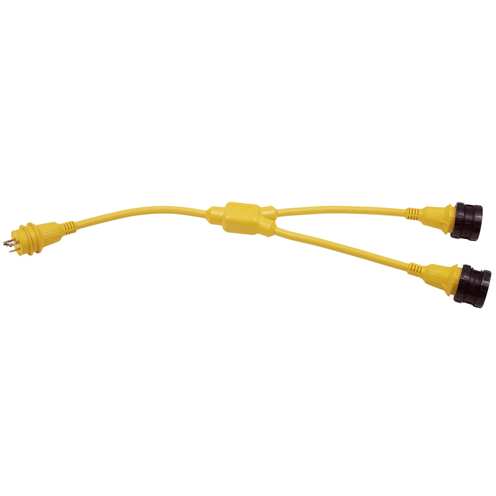 Marinco shore power Y-Adapter with 2-30A locking connectors and a 30A locking connector for marine electrical connections