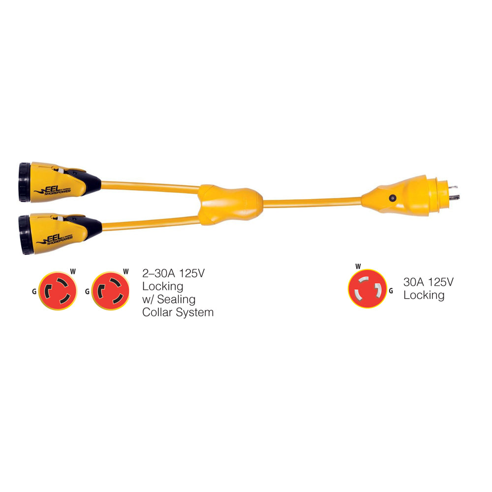 Marinco Y30-2-30 EEL shore power Y adapter, yellow, with two 30A-125V female connectors and one 30A-125V male connector.