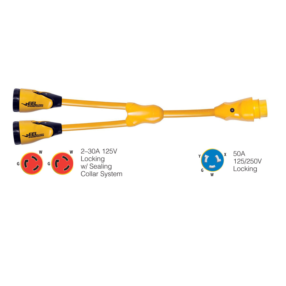 Marinco Y504-2-30 EEL shore power Y adapter, yellow, 30A 125V female to 50A 125/250V male connector for boat power.