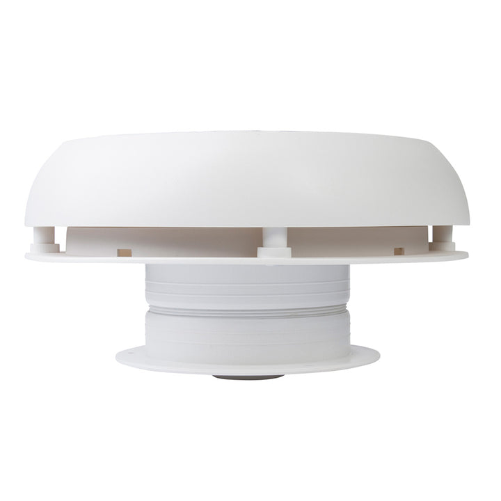 Marinco Day/Night Solar Vent 4-inch white vent for RV or camper, with adjustable louvered design and solar-powered operation.